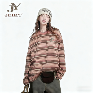 JY JEIKY Street retro patchwork striped long-sleeved T-shirt women's American loose pullover top