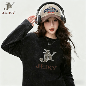 JY JEIKY LOGO Long-Sleeve T-Shirt  Loose Fit, Snowflake Wash Distressed Crew Neck Casual Top