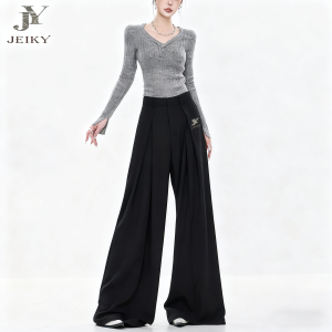 JY JEIKY Black Wide-Leg Suit Pants for Women - Slim Fit, Loose Fit, Floor-Length Pants