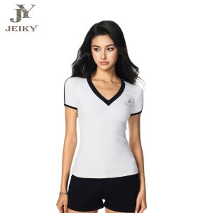 JY JEIKY Retro hot girl V-neck contrast color short-sleeved T-shirt women's summer sports top